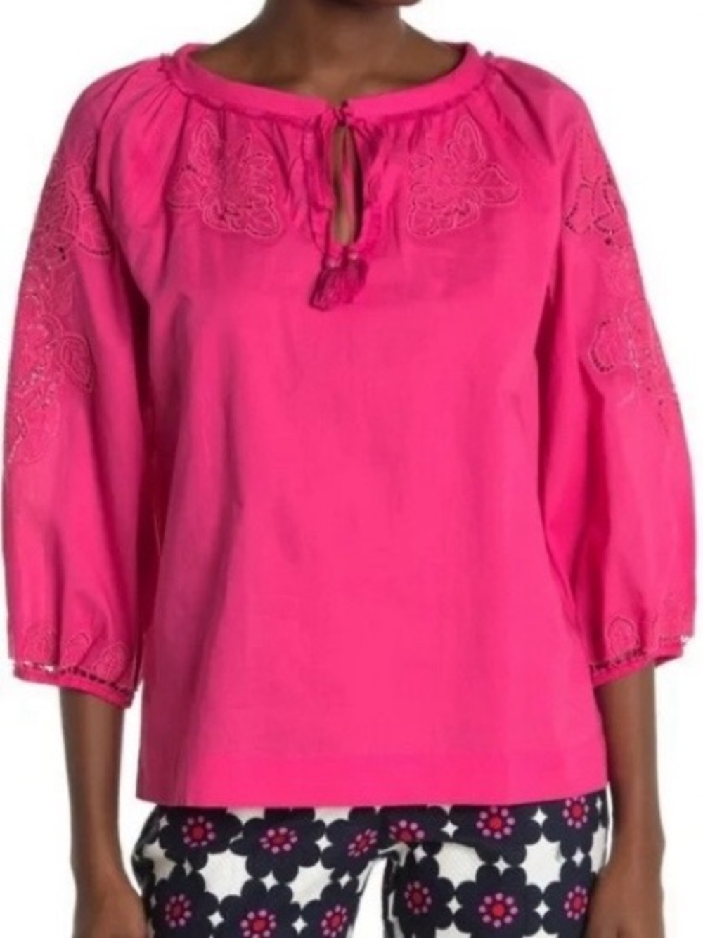 Trina Turk Ojai Lace Embroidered Top Size M Hot Pink 100% Cotton Peasant Blouse